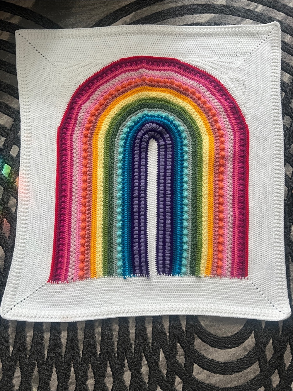 Handmade Crochet Rainbow Baby Blanket - Bright Multicolor on White